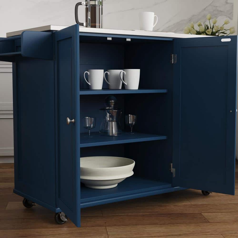 Blue Stainless Steel Top Kitchen Cart with Spice Rack and Storage