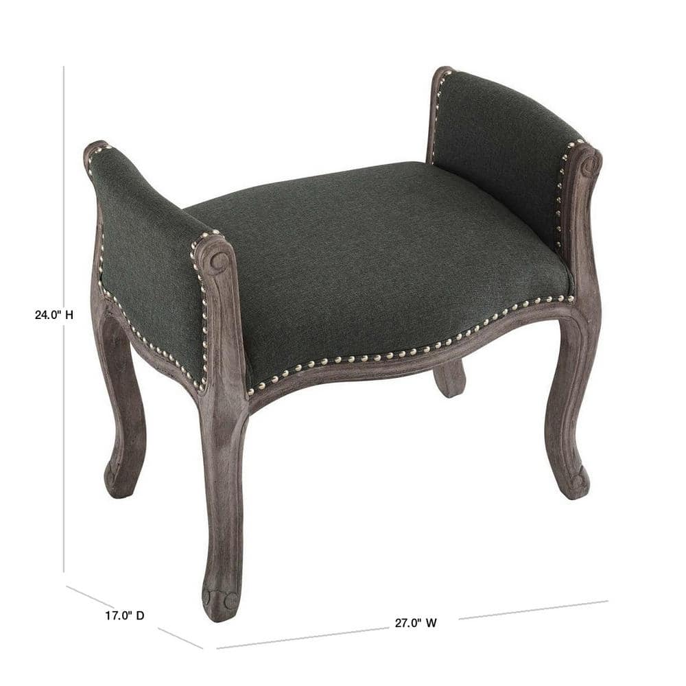Gray Vintage French Upholstered Fabric Bench with Nailhead Trim