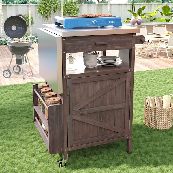 Unbranded Brown Stainless Steel 35 in. W Outdoor Kitchen Island Grill Cart with Drop Leaf and Lockable Wheels
