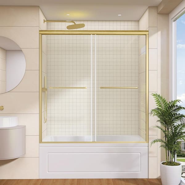 60 in. W x 62 in. H Double Sliding Tub Door in Brushed Gold Semi-Frameless Tub Door with 5/16 in. Clear Tempered Glass