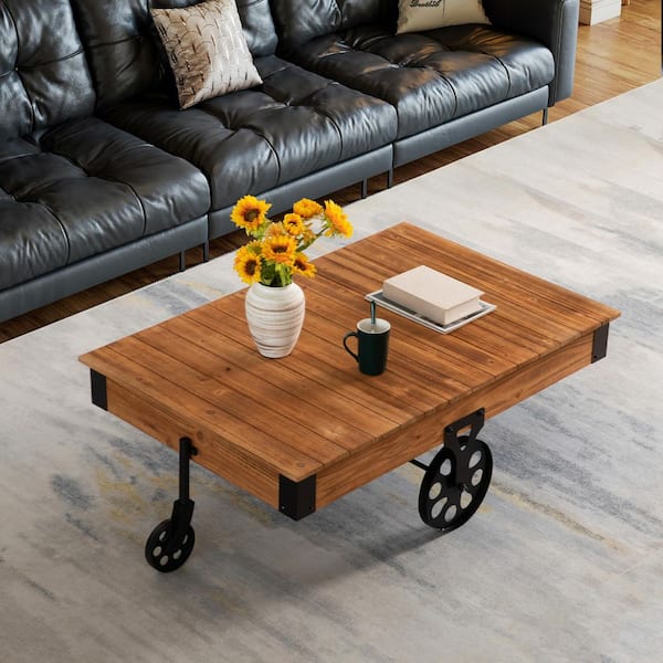 54 in. W Brown Rectangle Rustic Industrial Coffee Table with Wood Grain, Metal Accents & Black Cast Iron Wheels