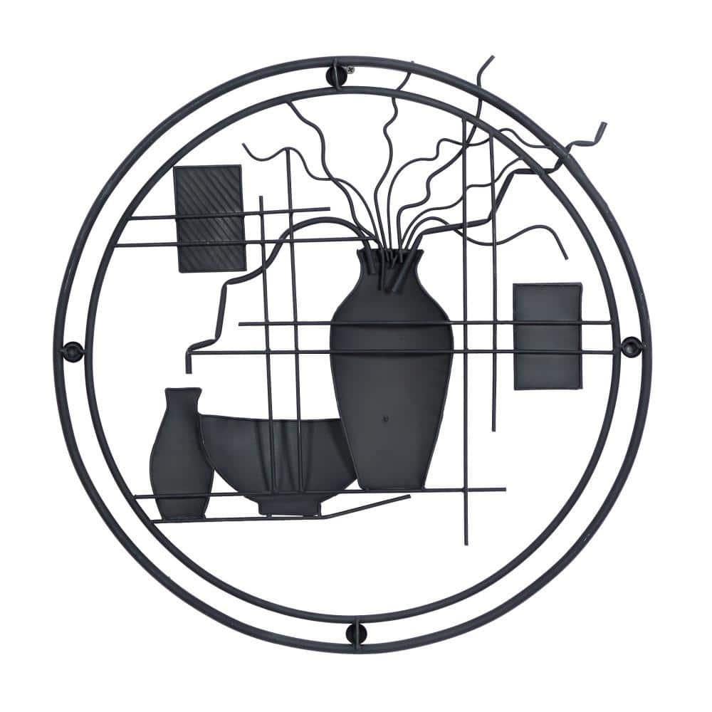 Industrial Multicolor Metal Wall Sculpture with Vase Details