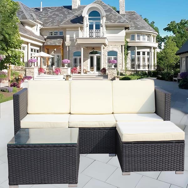 5-Piece Wicker Outdoor Sectional Set with Beige Cushions, Outdoor Sofa Sets with Coffee Table, Patio Furniture Set