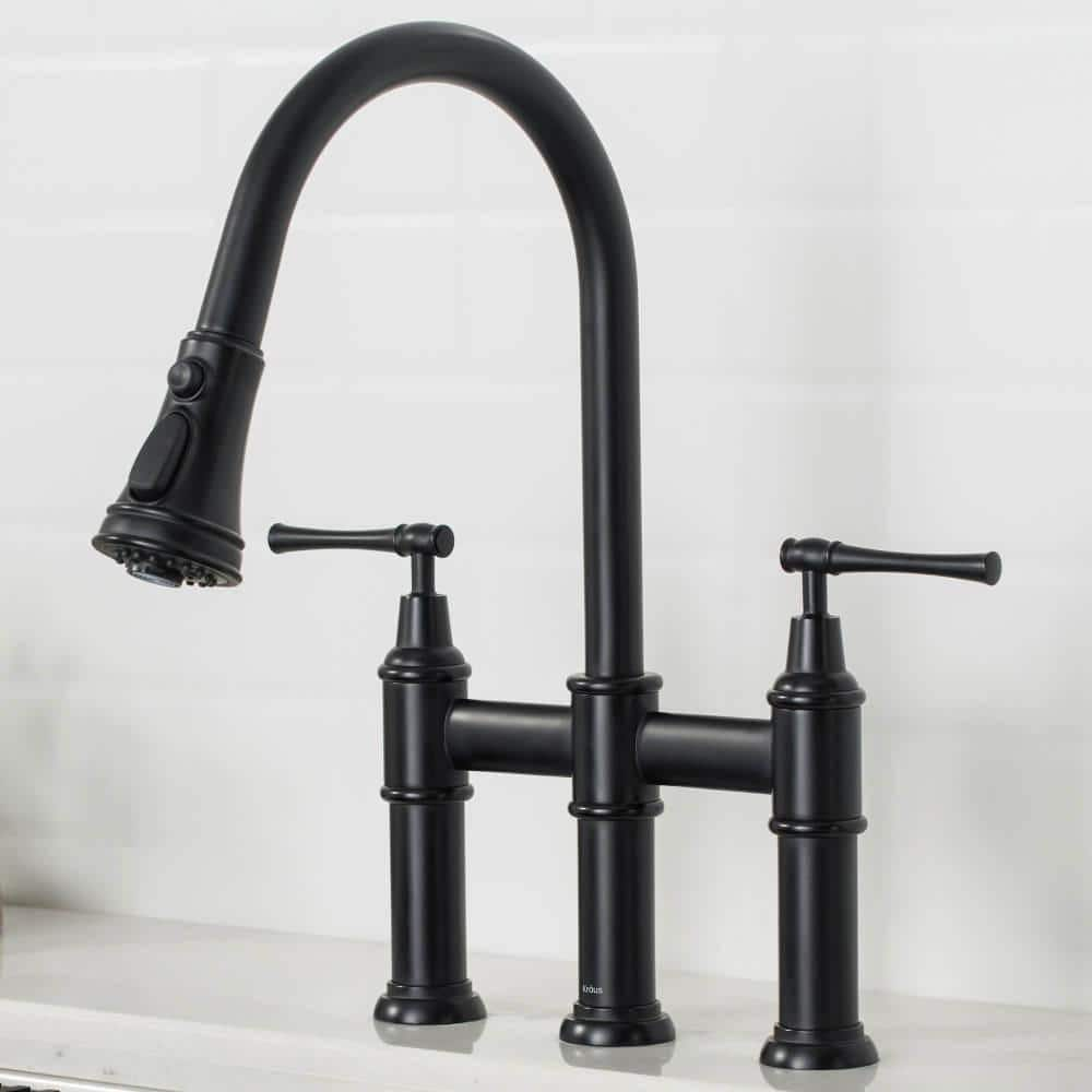 KRAUS Allyn Double Handle Transitional Bridge Kitchen Faucet With Pull   Matte Black Kraus Bridge Kitchen Faucets Kpf 3121mb 64 1000 