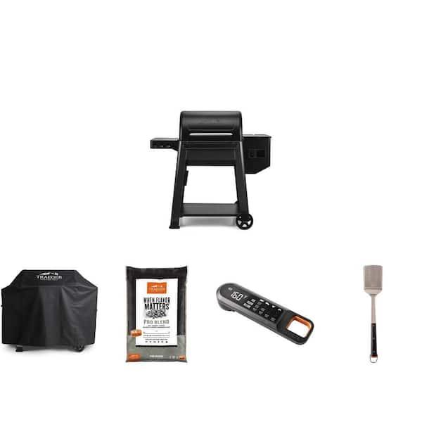Instant Read Thermometer, Pro Blend Wood Grilling Pellets 30 lb, Grill Cover, Spatula & Black Wood Pellet Grill Combo