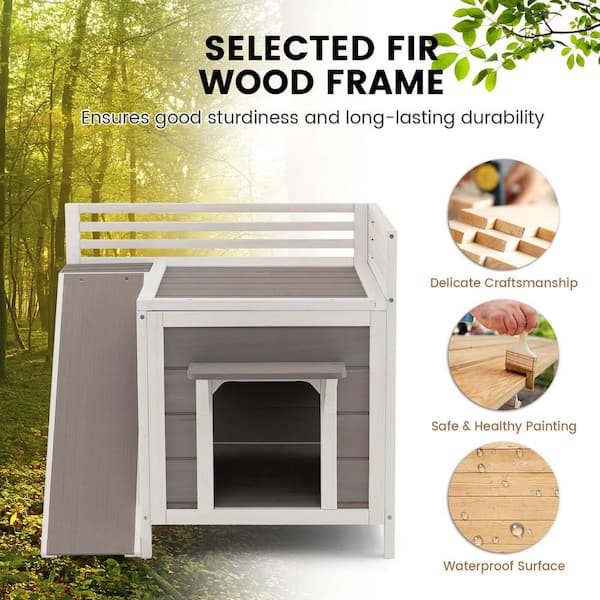 Outdoor White and Gray Wooden 2-Lever Cat House with Escape Door,  Waterproof Roof, Slide