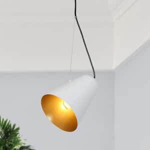 Mid-Century Modern White Pendant Light, 1-Light Gold Transitional Bell Hanging Spotlight for Bedroom