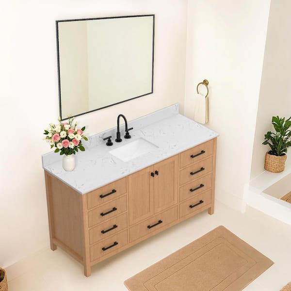 Bath Mist 60 in. W Single Sink Freestanding Bath Vanity in Wood with White Engineered Stone Top Assembled