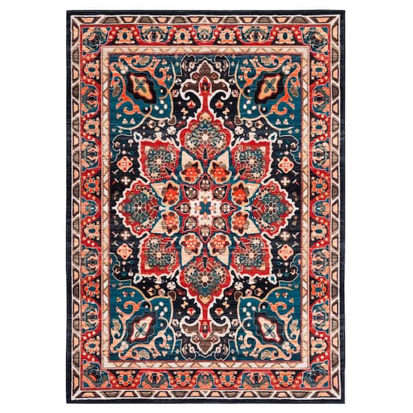 SAFAVIEH Riviera Red/Navy 9 ft. x 12 ft. Machine Washable Medallion Border Area Rug