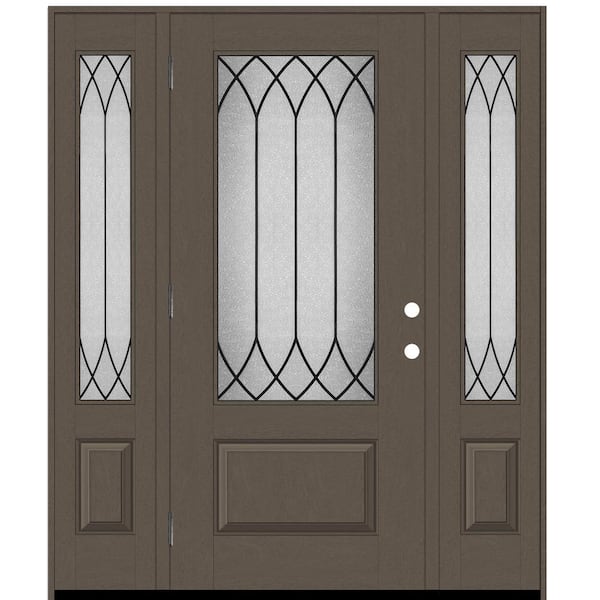 Steves & Sons Regency 64 in. x 80 in. 3/4 Lt Spire Decorative Glass RHOS Ashwood Mahogany Fiberglass Prehung Frontdoor w/Dbl 12 in. SL