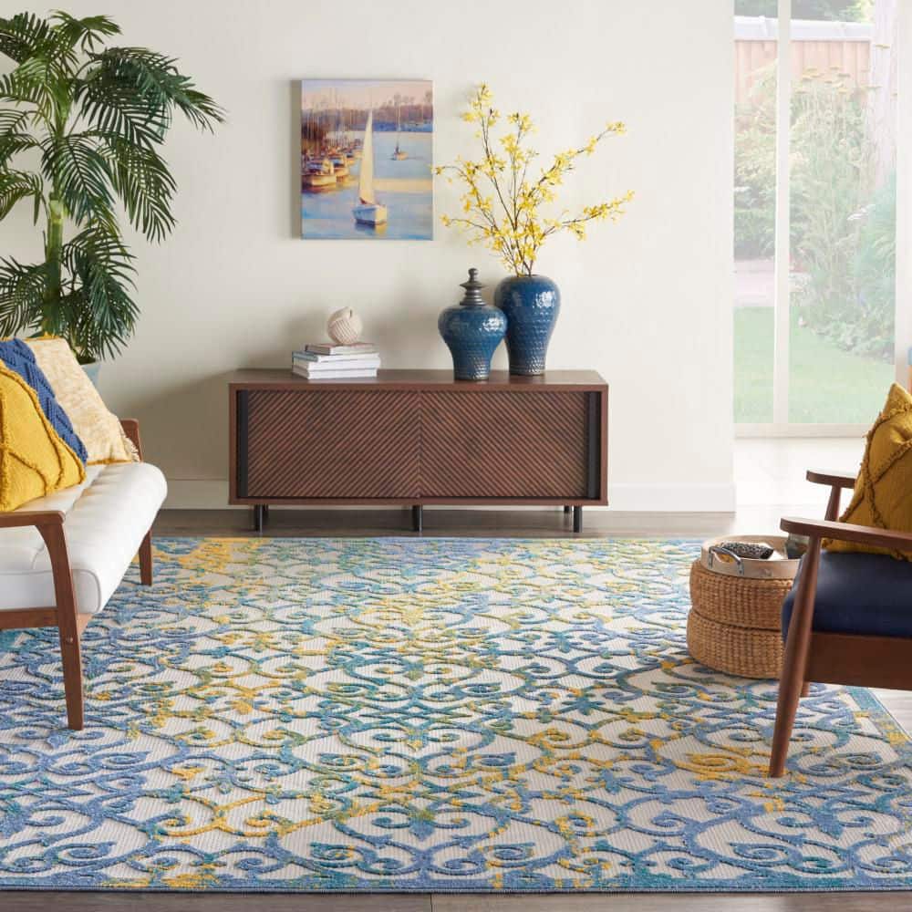 Aloha Ivory Blue Floral 9' x 12' Reversible Outdoor Rug