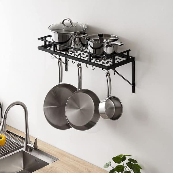 25 in. Black Wall Mounted Kitchen Pot Rack with 10-Hooks