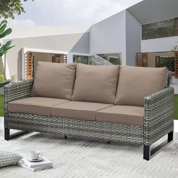 Pocassy U-Shaped Foot Series 3-Seat Wicker Outdoor Patio Sofa Couch with Deep Seating and Cushions (Gray/Gray)