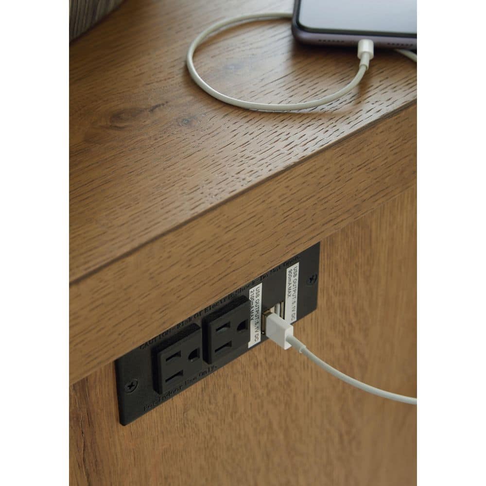 Light Brown Oak Veneer Rectangular End Table with USB Ports