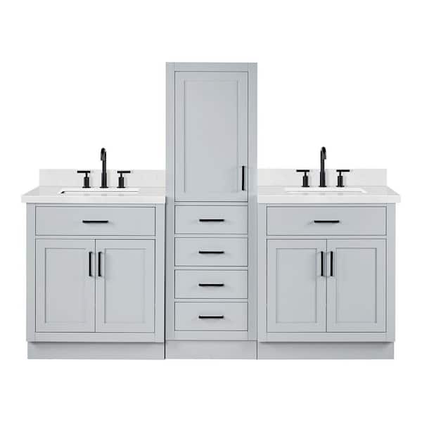 Hepburn 3-Piece Set 2 x 30 in Single Sink Bathroom Vanity with Carrara White Quartz Top and 20 in Linen Cabinet in Gray