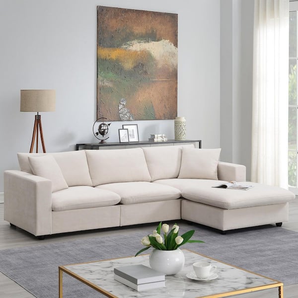 100.4 in. Square Arm Polyester L-Shaped Sofa with 2 Free Pillows in Beige