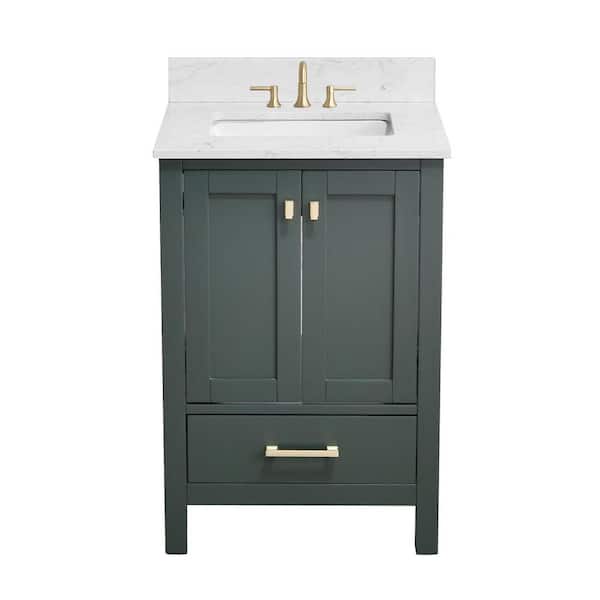 BathMist 24 in. Freestanding Green Bath Vanity with Pulsar White Engineered Stone Top Single Porcelain Sink Backsplash