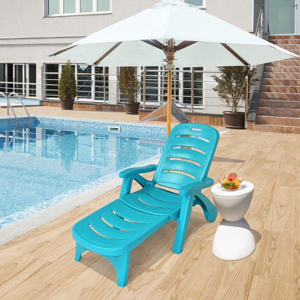 Turquoise Folding Plastic Chaise Lounge Chair with Adjustable Recliner