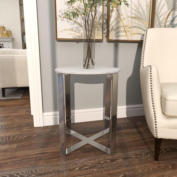 Litton Lane 18 in. White Large Round Marble End Accent Table with Marble Top