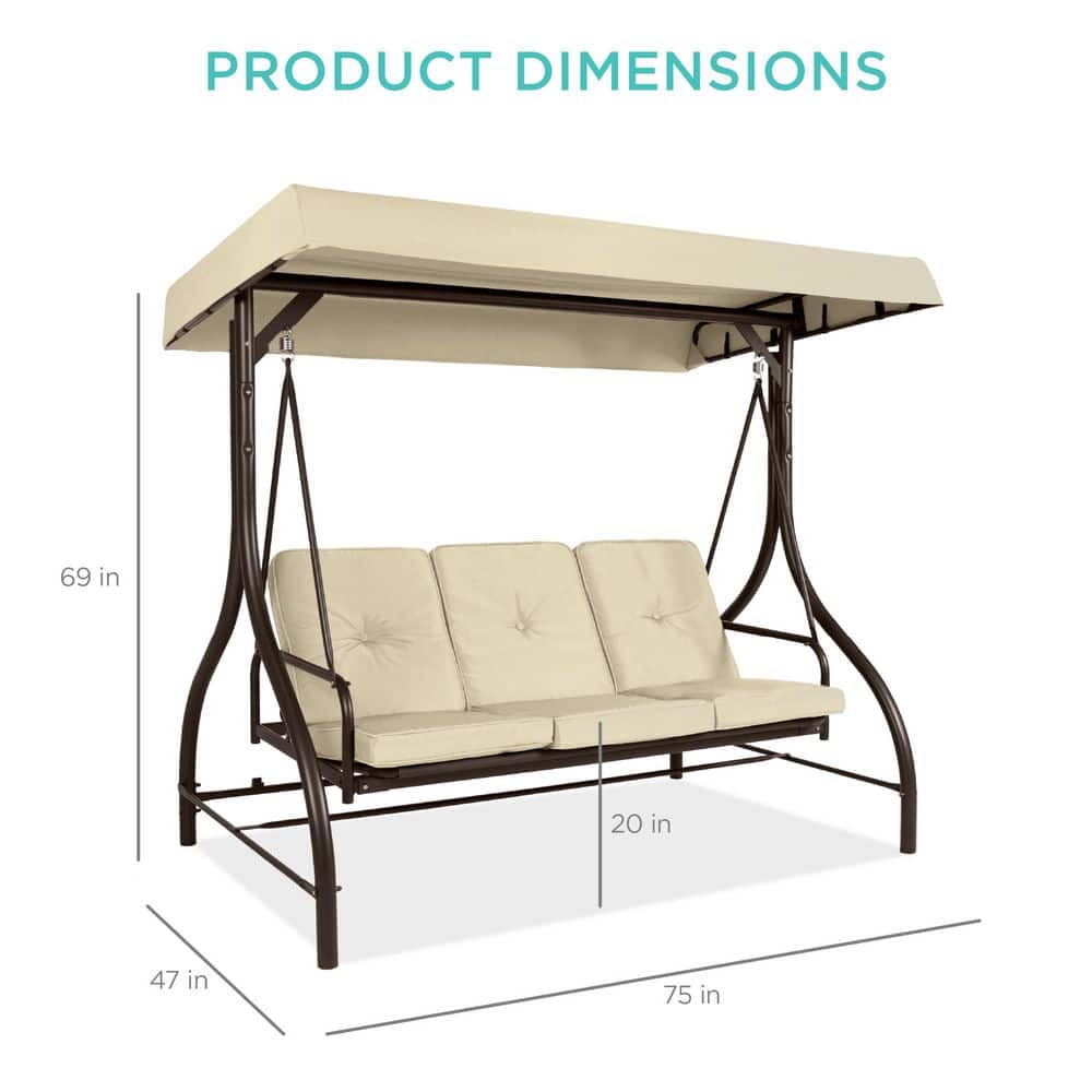 Ivory 3-Seat Outdoor Steel Canopy Swing Glider with Cushions