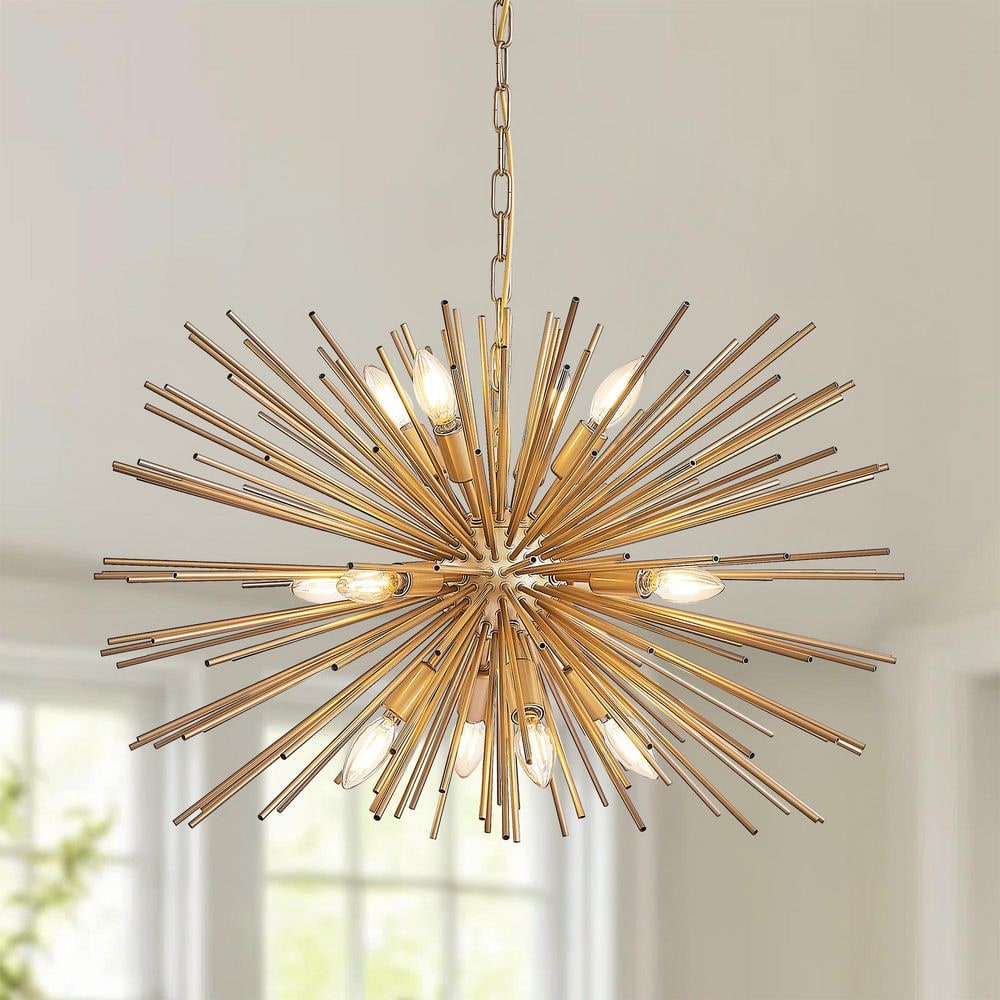 12-Light Starburst Chandelier, Gold Metal Hanging Light Fixture, Gold Sputn