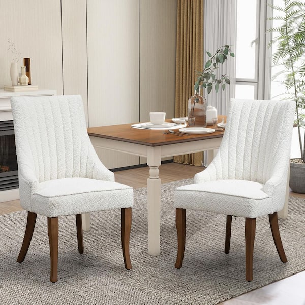 WONDER COMFORT Luxurious White Teddy Fabric Dining Chairs Set of 2, Channel Tufted Upholstered Dining Chair with Curved Solid Wood Legs