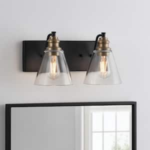 Manor 15.3 in. 2-Light Matte Black Industrial Bathroom Vanity Light with Vintage Brass Accents and Clear Glass Shades