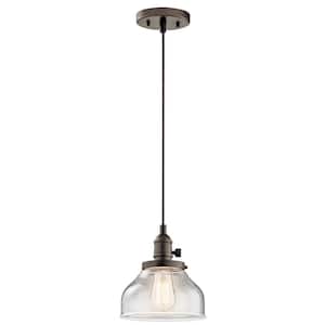 Avery 8 in. 1-Light Olde Bronze Farmhouse Shaded Kitchen Bell Mini Pendant Hanging Light with Clear Seeded Glass