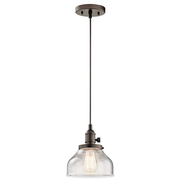 KICHLER Avery 8 in. 1-Light Olde Bronze Farmhouse Shaded Kitchen Bell Mini Pendant Hanging Light with Clear Seeded Glass