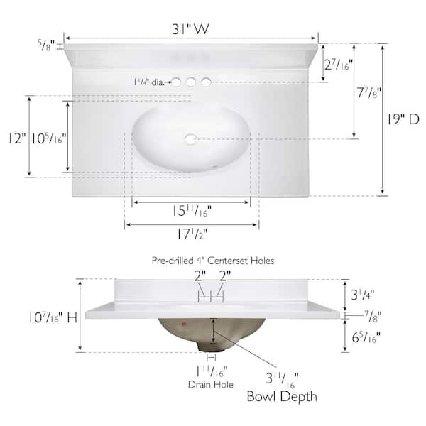 31 in. W x 19 in. D Cultured Marble Vanity Top in Solid White with Solid White Basin with 4 in. Faucet Spread