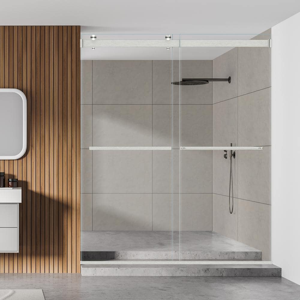 64" W x 76" H Frameless Clear Glass Shower Door with Nickel Finish