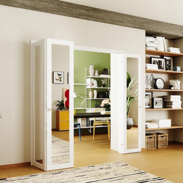 30 in. x 80 in. Full Lite White Mirrored Glass Solid Core, MDF, PVC Covering Compack 180-Bi-Fold Door with Hardware Kits