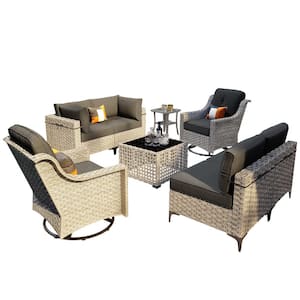 Thor 8-Piece Wicker Patio Conversation Seating Sofa Set with Black Cushions and Swivel Rocking Chairs