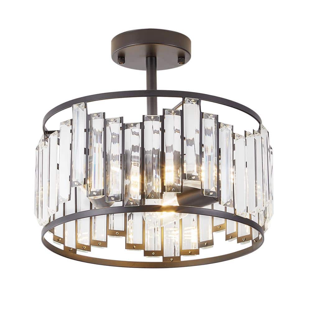 13 in. Modern 3-Light Black Semi-Flush Mount Ceiling Hanging Light with Gla