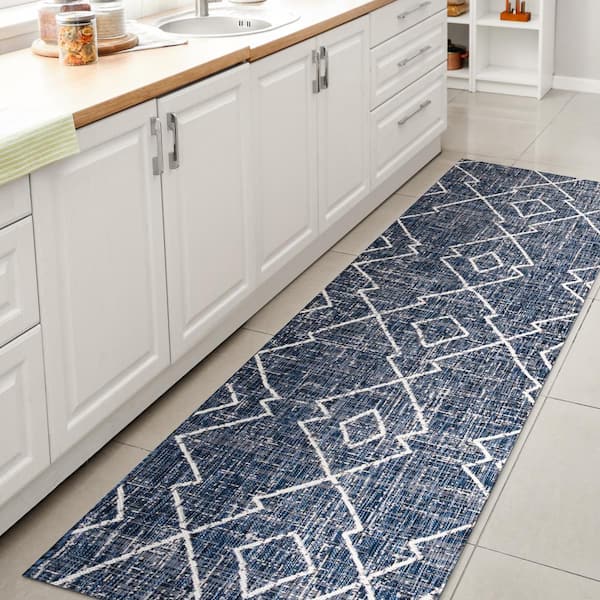 Carwa Blue/Ivory 2 ft. x 8 ft. Tribal Diamond Trellis Indoor/Outdoor Area Rug