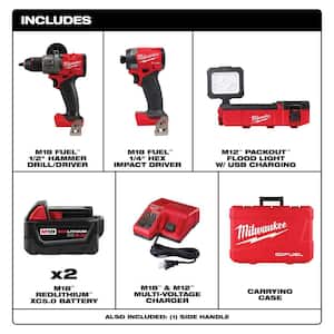 M12 12V Lithium-Ion Cordless PACKOUT Flood Light W/USB Charging & M18 FUEL Hammer Drill/Impact Driver Combo Kit (2-Tool)