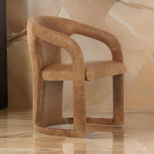 Benjara Brown Leather Wooden Frame Dining Chair