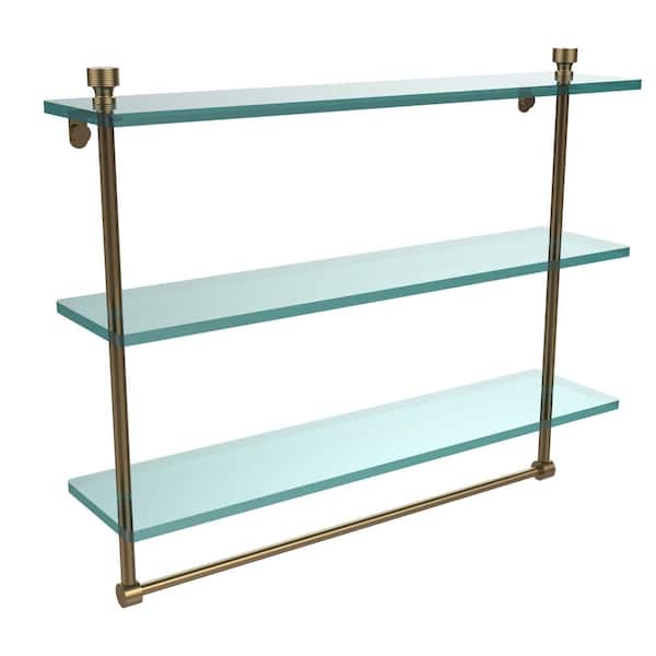 Foxtrot 22 in. L x 18 in. H x 5 in. W 3-Tier Clear Glass Bathroom Shelf with Towel Bar in Satin Nickel Foxtrot 22 in. L x 18 in. H x 5 in. W 3-Tier Clear Glass Bathroom Shelf with Towel Bar in Satin Nickel