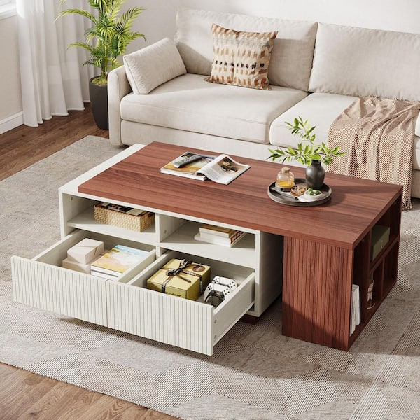 BYBLIGHT Allan 43.3 in. Brown Rectangle Extendable Wood Coffee Table with 2 Drawers and Storage Shelves for Living Room Home