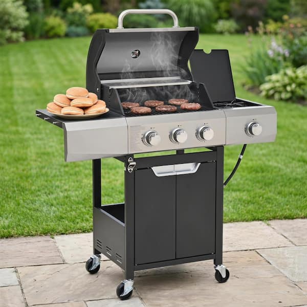 Silver Propane Grill 3 Burner Stainless Steel Barbecue Gas Grill with Side Burner and Cover for Outdoor BBQ, Camping