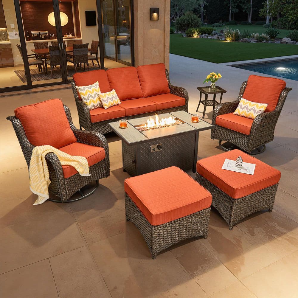 Garnet 7-Piece Wicker Outdoor Fire Pit Patio Conversation Sofa Set with Swivel Rocking Chairs and Orange Red Cushions price history on PriceWatchPro