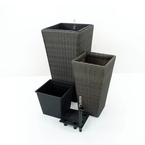 Cubilan 2-Pack Outdoor Self-watering Planter-Hand Woven Wicker-Square-13.8 in * 13.8 in * 27.6 in,Composite