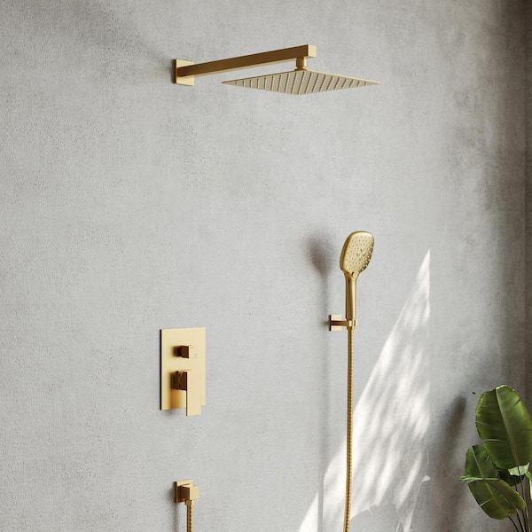 EVERSTEIN 3-Spray Patterns with 2.5 GPM 10 in. Wall Mount Dual Shower Heads with Handheld in Brushed Gold (Valve Included)