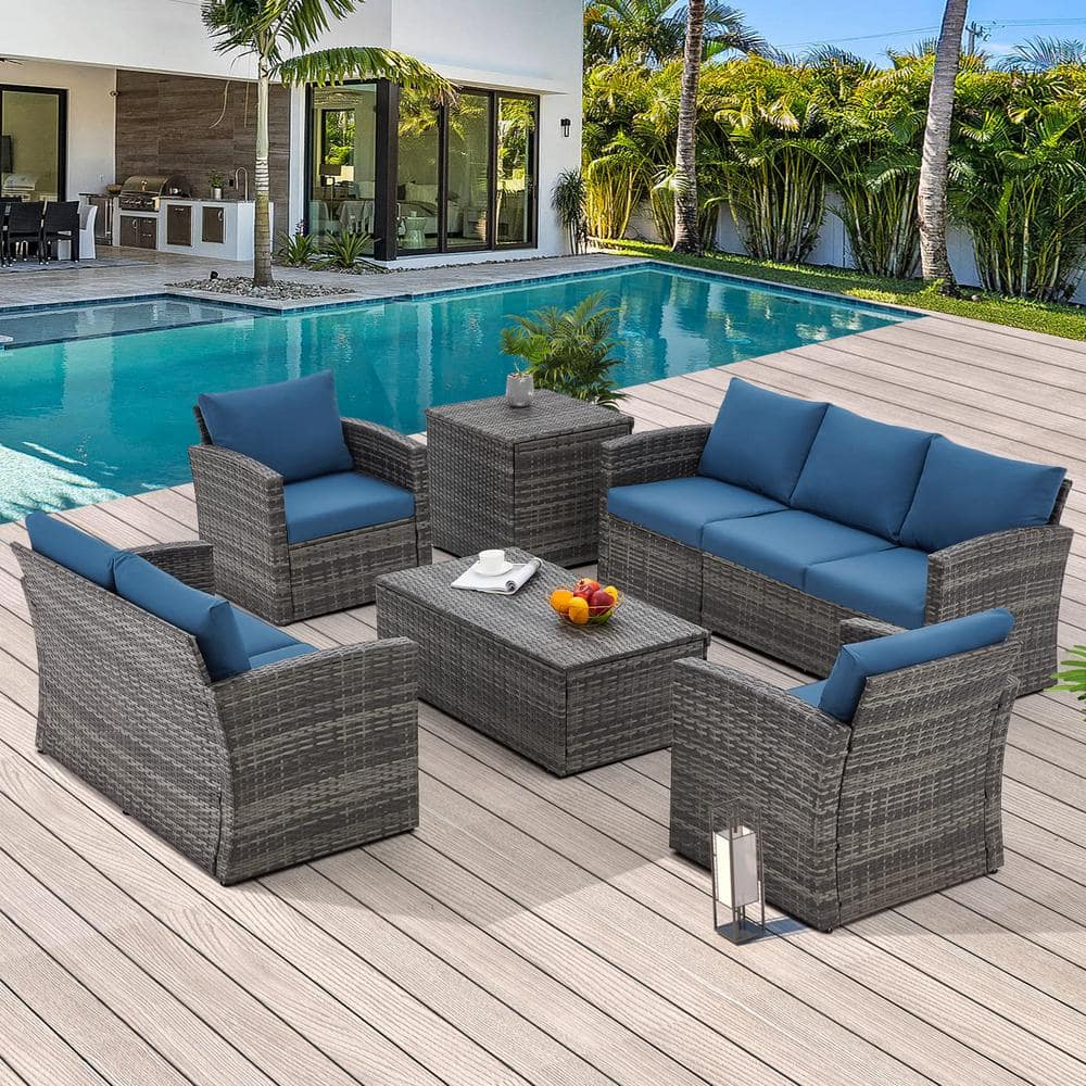 AECOJOY Grey 6-Piece Wicker Patio Conversation Set with 2 Storage Boxes ...