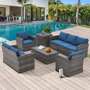 Grey 6-Piece Wicker Patio Conversation Set with 2 Storage Boxes and Dark Blue Cushions