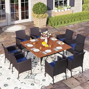 9-Piece Metal Patio Outdoor Dining Set with Extra-Large Brown Slat Square Table and Rattan Chairs with Blue Cushion