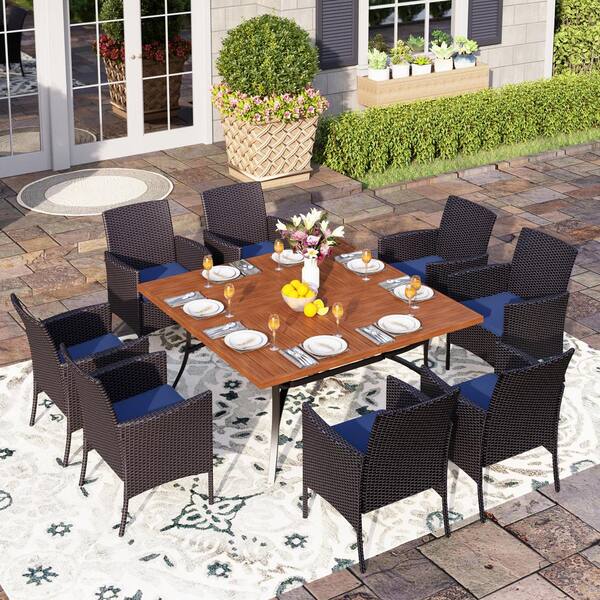 PHI VILLA 9-Piece Metal Patio Outdoor Dining Set with Extra-Large Brown Slat Square Table and Rattan Chairs with Blue Cushion