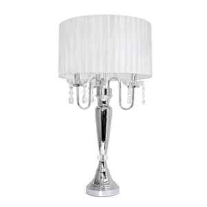 27 in. Trendy Romantic White Sheer Shade Chrome Table Lamp with Hanging Crystals
