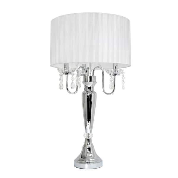 Elegant Designs 27 in. Trendy Romantic White Sheer Shade Chrome Table Lamp with Hanging Crystals