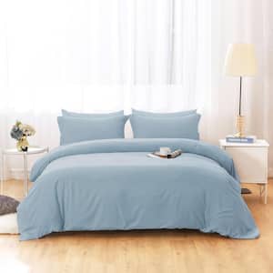 Blue Grey Solid Color King Size Microfiber Comforter Only with Zipper Closure Duvet Cover and 2-Pillow Shams